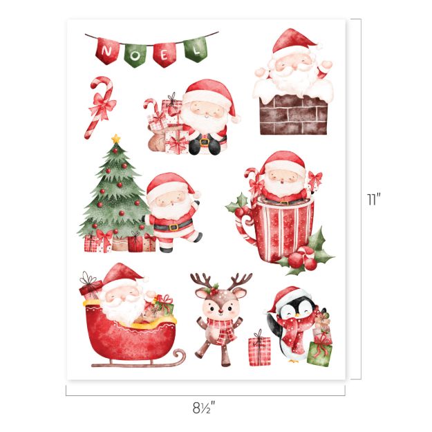 Christmas-themed illustration featuring Santa Claus, a reindeer, a penguin, gifts, a decorated tree, a sleigh, Santa in a cup, candy canes, and a “NOEL” banner on a white background. Image is 8.5 by 11 inches.