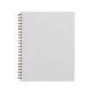 A blank white spiral-bound notebook is centered on a plain white background. The notebook is closed, and its front cover is completely empty with no writing or designs.