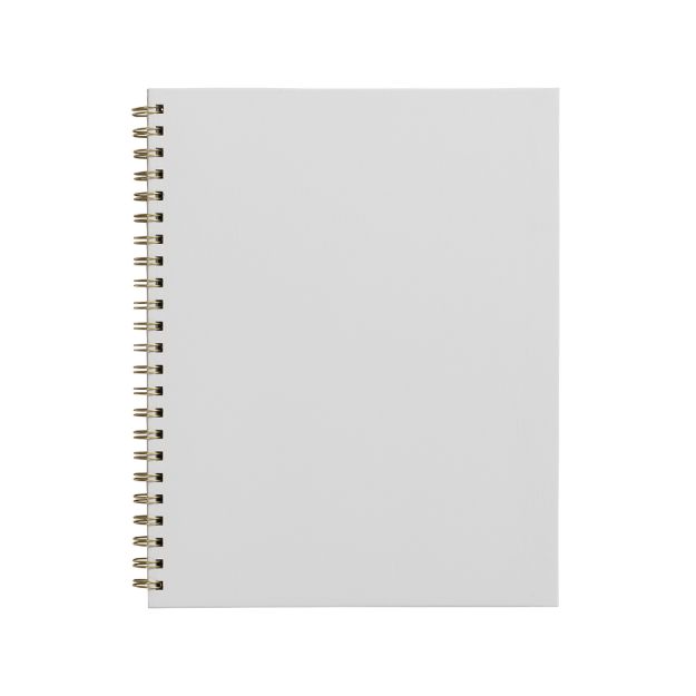 A blank white spiral-bound notebook is centered on a plain white background. The notebook is closed, and its front cover is completely empty with no writing or designs.