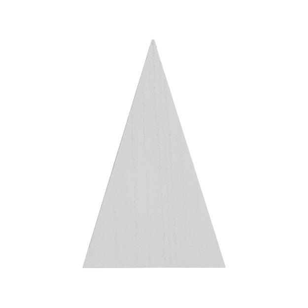 A tall, white, wooden triangle standing upright on a plain white background.