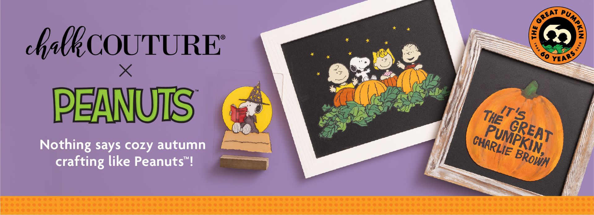 Three Peanuts-themed autumn crafts: Snoopy on a doghouse, the Peanuts gang with pumpkins, and a framed sign reading “It’s the Great Pumpkin, Charlie Brown!” with Chalk Couture and Peanuts logos.