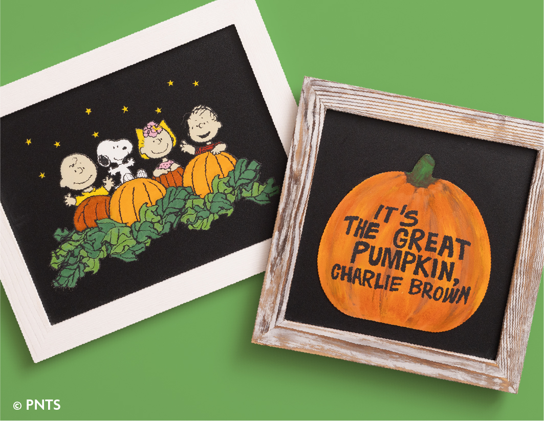 Two framed artworks on a green surface: One shows Peanuts characters with pumpkins and stars, the other displays an orange pumpkin with the text “It’s the Great Pumpkin, Charlie Brown.”.
