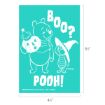 Winnie the Pooh holds a pumpkin lantern beside Piglet in a witch hat, with “BOO?” above them and “POOH!” below. The background is teal. Dimensions are 4.5 x 6.5 inches.