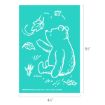 White outline of Winnie the Pooh sitting and reaching for a swirling leaf, surrounded by grass and leaves, on a teal background. Image dimensions are 6½ inches tall by 4½ inches wide.