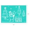 Turquoise Winnie the Pooh card with Pooh holding presents among snow and trees. White text reads “Merry Everything.” Dimensions are 6½ inches wide by 4½ inches tall.