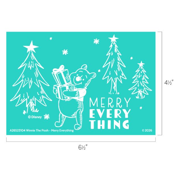 Turquoise Winnie the Pooh card with Pooh holding presents among snow and trees. White text reads “Merry Everything.” Dimensions are 6½ inches wide by 4½ inches tall.