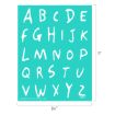 A turquoise sheet displays the uppercase English alphabet in white, handwritten-style letters. Dimensions are labeled: 8½ inches wide and 11 inches tall. Disney copyright is in the lower right corner.