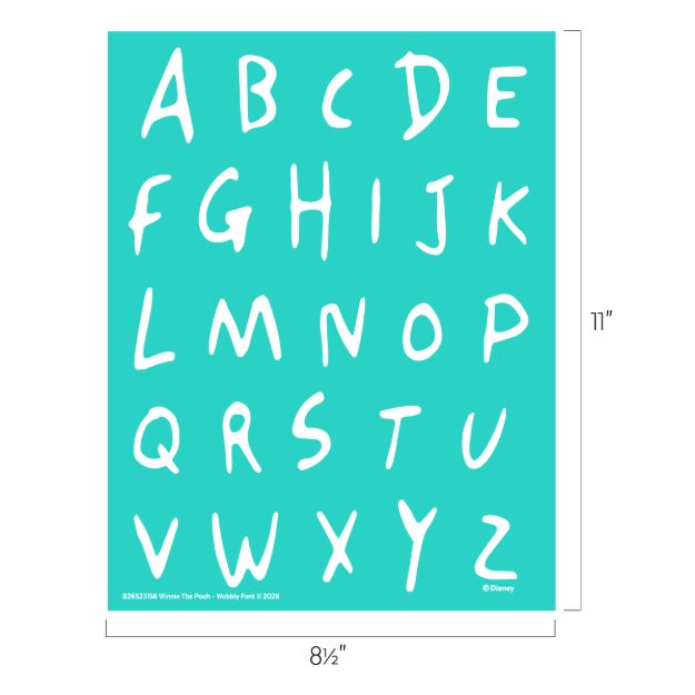 A turquoise sheet displays the uppercase English alphabet in white, handwritten-style letters. Dimensions are labeled: 8½ inches wide and 11 inches tall. Disney copyright is in the lower right corner.