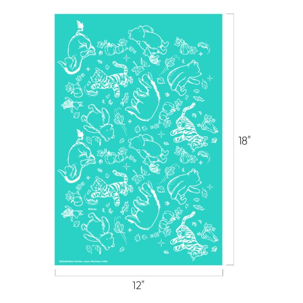 Turquoise sheet with white line drawings of bears, tigers, and small forest animals scattered among leaves and flowers. Dimensions: 12 inches wide by 18 inches tall.