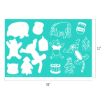 A turquoise stencil sheet featuring outlines of Winnie the Pooh characters, honey jars, Christmas items, and trees. The sheet measures 18 inches wide by 12 inches tall.