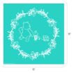 White line art of a bear, piglet, and toy wagon inside a holiday wreath of leaves and berries on a teal square background. The dimensions are 18 by 18 inches.