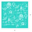 White line drawings of Winnie the Pooh characters decorating a Christmas tree, wrapping presents, and engaging in festive activities on a teal background. The image is square, measuring 18 inches by 18 inches.