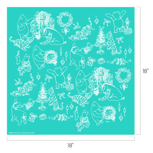 White line drawings of Winnie the Pooh characters decorating a Christmas tree, wrapping presents, and engaging in festive activities on a teal background. The image is square, measuring 18 inches by 18 inches.