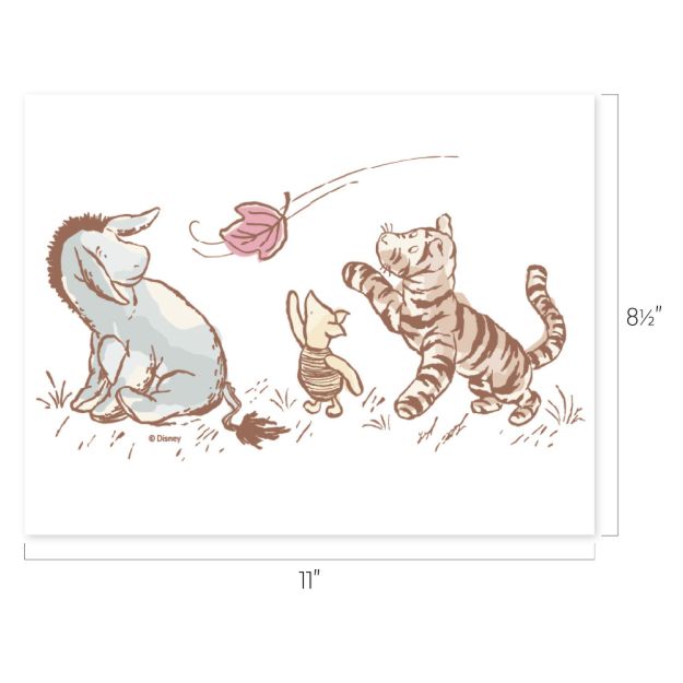 Eeyore, Piglet, and Tigger play outside, watching a pink flower float in the air. The image size is 11 inches wide by 8.5 inches tall.