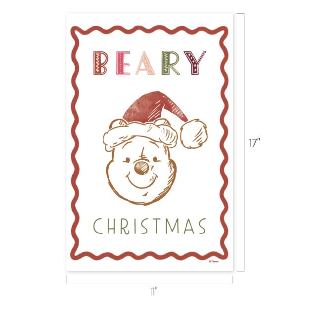 A festive card with a bear in a Santa hat, bordered in red. Above the bear, it says “BEARY” in colorful letters; below, “CHRISTMAS” in green. The card measures 11 by 17 inches.