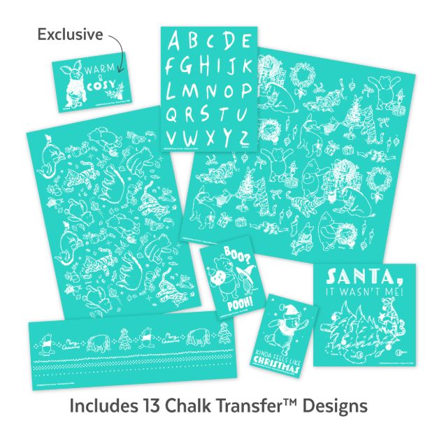 Teal sheets display various white chalk transfer designs, including alphabet letters, decorative borders, and festive Winnie the Pooh characters with Christmas-themed graphics and phrases. Text reads: “Includes 13 Chalk Transfer™ Designs.”.