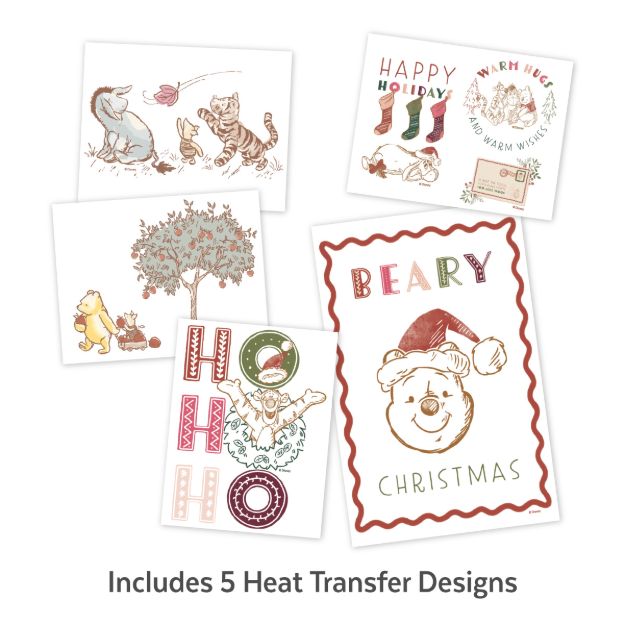 Five whimsical, holiday-themed heat transfer designs featuring animals, festive stockings, “HO HO HO,” and a “Beary Christmas” bear with a Santa hat, displayed on white backgrounds. Text reads: “Includes 5 Heat Transfer Designs.”.