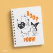 A notebook cover shows Winnie the Pooh holding a pumpkin and Piglet in a witch hat. “BOO?” and “POOH!” are written in orange letters.