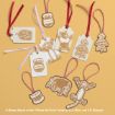 Gift tags shaped like Christmas trees, jars of honey, and “Winnie the Pooh” characters, each with red or white ribbon, are arranged on a yellow background.