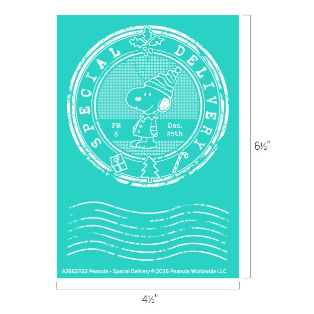 A turquoise postcard design featuring Snoopy in a winter hat inside a circular “Special Delivery” stamp, with holiday icons and wavy postal lines below. Dimensions and copyright text are visible around the card.