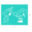 White line drawings of Snoopy in festive outfits on a teal background. One wears an elf hat and coat, the other wears a Santa hat and suit, holding a stocking. Image dimensions are 11 inches by 8.5 inches.