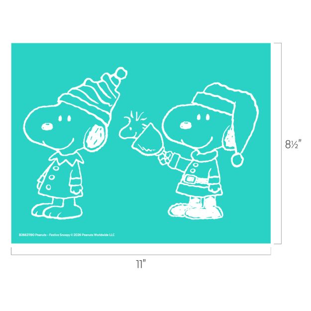 White line drawings of Snoopy in festive outfits on a teal background. One wears an elf hat and coat, the other wears a Santa hat and suit, holding a stocking. Image dimensions are 11 inches by 8.5 inches.