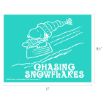 Illustration of Snoopy sledding downhill wearing winter clothes, with the text “Chasing Snowflakes” below. The background is turquoise. Image dimensions are 11 inches wide by 8.5 inches tall.