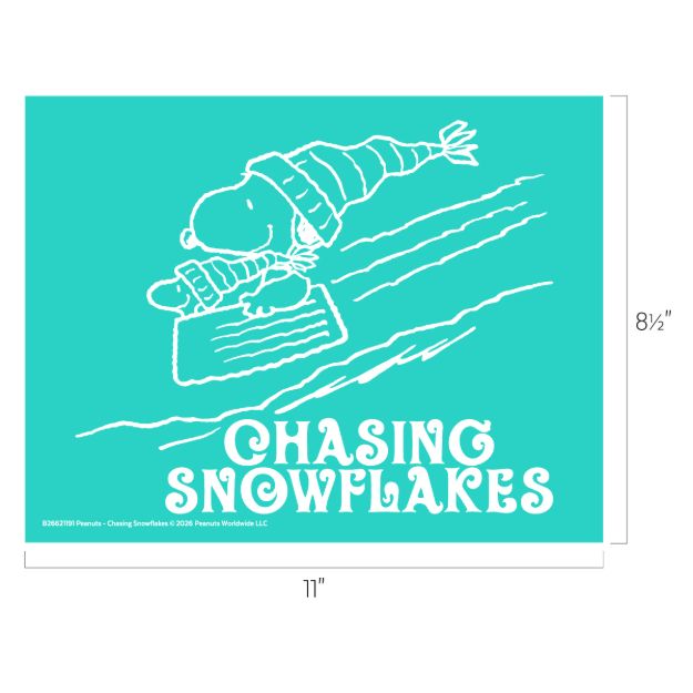 Illustration of Snoopy sledding downhill wearing winter clothes, with the text “Chasing Snowflakes” below. The background is turquoise. Image dimensions are 11 inches wide by 8.5 inches tall.