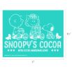 White line drawing of three Peanuts characters enjoying mugs of cocoa with marshmallows, on a teal background. Text reads: “Snoopy’s Cocoa with Extra Marshmallows.” Measurements: 11″ x 8½“.