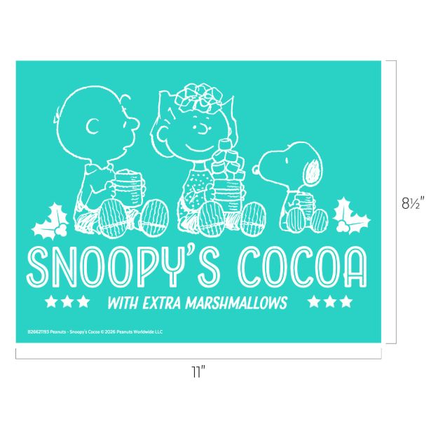 White line drawing of three Peanuts characters enjoying mugs of cocoa with marshmallows, on a teal background. Text reads: “Snoopy’s Cocoa with Extra Marshmallows.” Measurements: 11″ x 8½“.