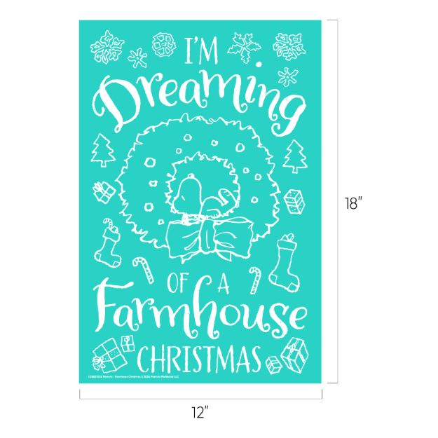 Teal poster with white drawings of a wreath, bow, candies, gifts, stockings, and snowflakes. Text reads: “I’m dreaming of a farmhouse Christmas.” Dimensions are 12 inches by 18 inches.