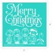 A teal square features white text reading “Merry Christmas” above cartoon characters holding caroling books and singing, including Snoopy and four children, all smiling and festive.