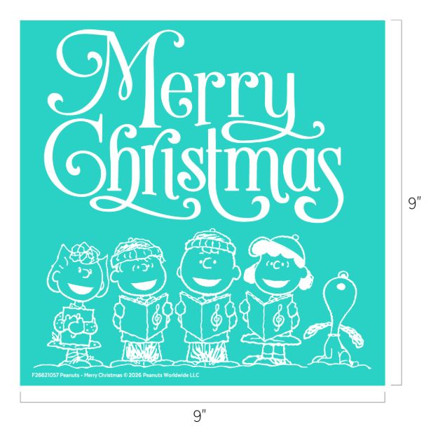 A teal square features white text reading “Merry Christmas” above cartoon characters holding caroling books and singing, including Snoopy and four children, all smiling and festive.