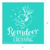 White line art of Snoopy wearing antlers, running with headphones on. Below, large text reads “Reindeer Crossing” on a teal square background. Image dimensions are 9 by 9 inches.