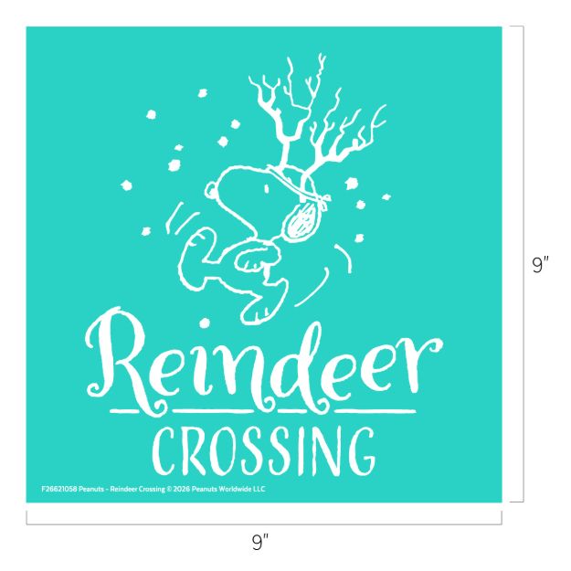 White line art of Snoopy wearing antlers, running with headphones on. Below, large text reads “Reindeer Crossing” on a teal square background. Image dimensions are 9 by 9 inches.