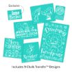 Collection of 9 teal and white Christmas chalk transfer designs featuring Peanuts characters, festive phrases, and holiday images like cocoa, reindeer, and ornaments. Text: “Includes 9 Chalk Transfer Designs.”.