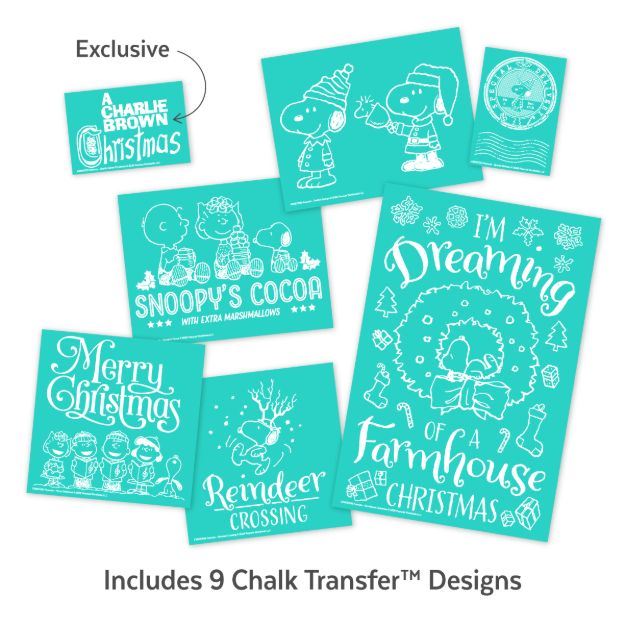 Collection of 9 teal and white Christmas chalk transfer designs featuring Peanuts characters, festive phrases, and holiday images like cocoa, reindeer, and ornaments. Text: “Includes 9 Chalk Transfer Designs.”.