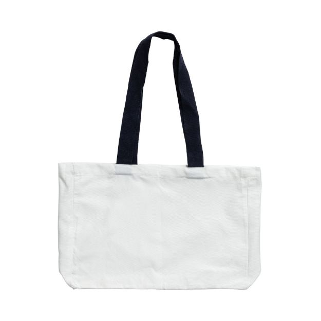 A plain white canvas tote bag with two long black handles, displayed against a white background.