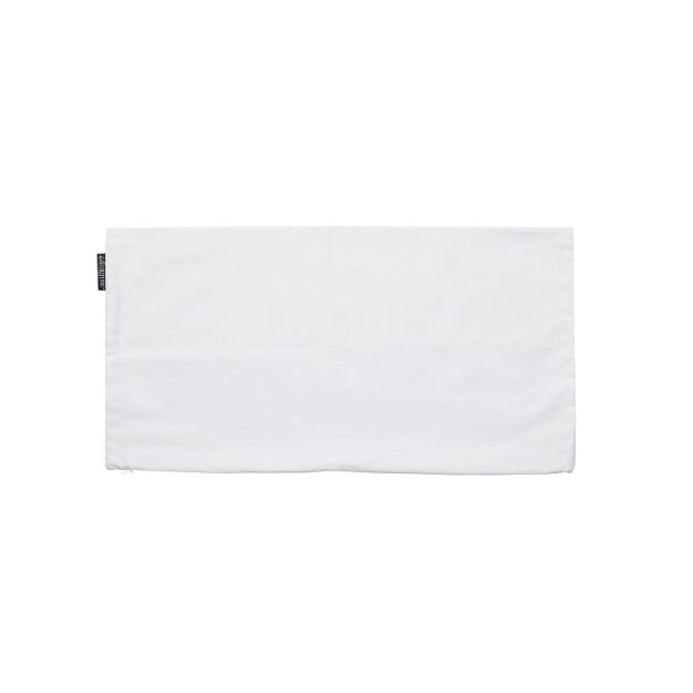 A neatly folded rectangular white cloth napkin with a small black label on the left side, displayed on a plain white background.