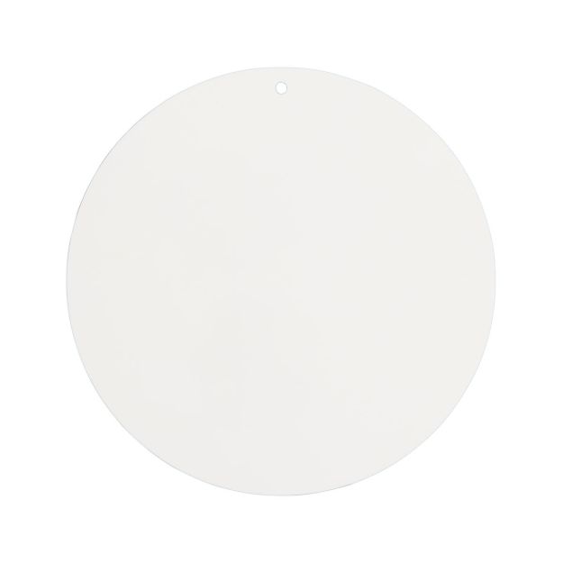 A plain, round, white ornament or tag with a small hole near the edge, set against a white background.