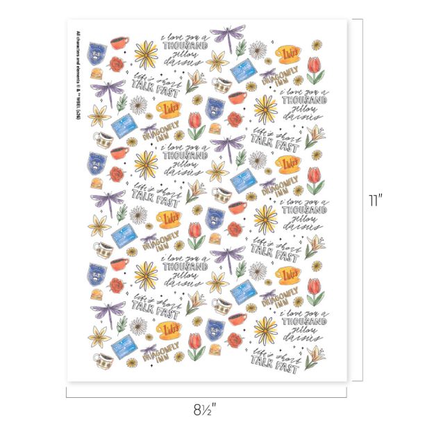 A sheet with colorful illustrations of flowers, dragonflies, books, teacups, and quotes like “I love you a thousand different ways” and “Take it one day at a time.” Sheet size is 8.5 by 11 inches.