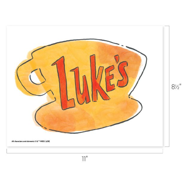 An illustration of a yellow coffee mug with the word “Luke’s” in bold red letters on it. The mug is slightly tilted, and dimensions are shown: 11 inches wide by 8.5 inches tall.
