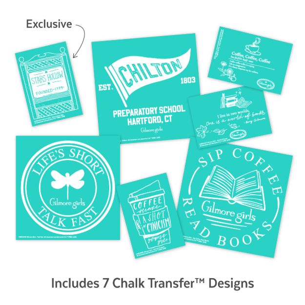 Seven teal chalk transfer designs inspired by Gilmore Girls, featuring quotes, coffee cups, Chilton logo, and Stars Hollow sign. Includes one exclusive design. Text: “Includes 7 Chalk Transfer™ Designs.”.