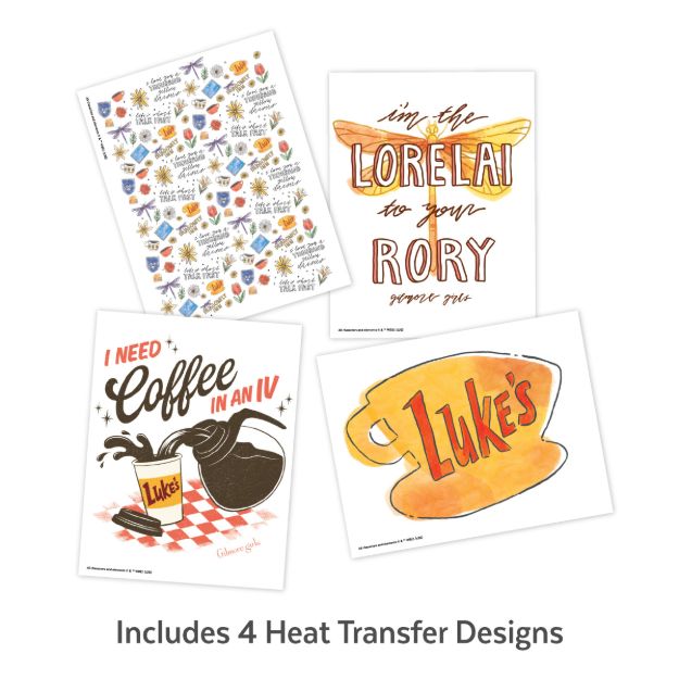 Four heat transfer designs themed around “Luke’s” and “Gilmore Girls,” including coffee cups, coffee pot, and text like “I need coffee in an IV” and “I’m the Lorelai to your Rory.”.