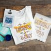 A white T-shirt with “I’m the Lorelai to your Rory” in colorful script, a printed sheet with the same phrase reversed, and Stars Hollow-themed cards on a rustic wooden surface.