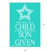 Turquoise card with a white outlined star above the text: “For unto us a child is born. Unto us a son is given.” Dimensions shown are 6½ inches tall by 4½ inches wide.