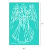 White outline drawing of an angel holding poinsettia flowers on a teal background. The angel has large wings and wears a flowing gown. Dimensions are 6.5 by 4.5 inches.