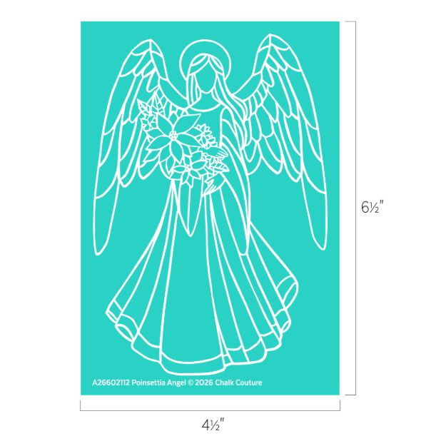 White outline drawing of an angel holding poinsettia flowers on a teal background. The angel has large wings and wears a flowing gown. Dimensions are 6.5 by 4.5 inches.
