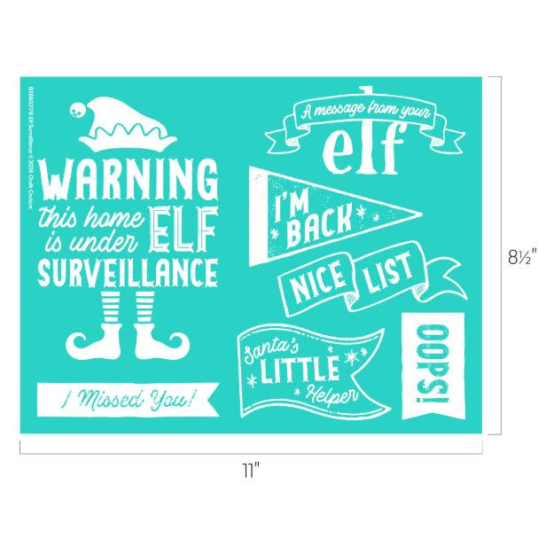 Turquoise sheet with white holiday-themed graphics and phrases such as “Warning this home is under ELF surveillance,” “I’m back,” “Nice list,” “Oops!,” “Santa’s little helper,” and an elf hat and shoes.