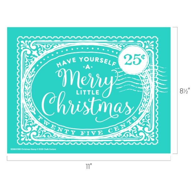 Turquoise graphic of a vintage postage stamp design with the text “Have yourself a Merry little Christmas” and “Twenty five cents” with “25¢” in a circle. The stamp measures 11″ by 8.5″.
